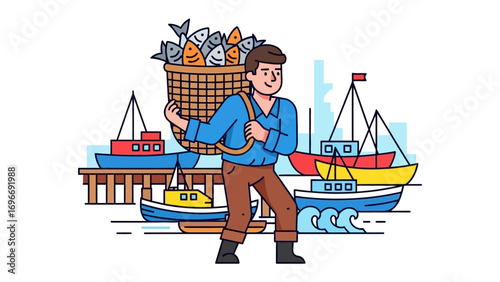 A Fisherman's Bounty: A vibrant illustration of a fisherman proudly carrying a basket brimming with freshly caught fish, with fishing boats dotting the harbor.