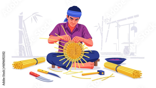 Craftsmanship Unveiled: A skilled artisan masterfully weaves a delicate basket, surrounded by essential tools and raw materials. The scene is bathed in soft light.
