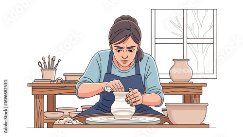 Potter's Hands: A concentrated artist at work, meticulously shaping the form on a spinning pottery wheel. The scene exudes skill, focus, and creativity.