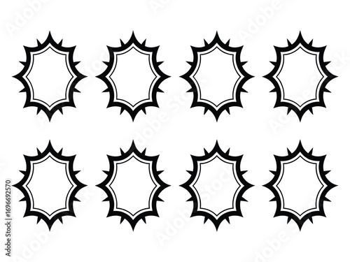 Collection of abstract black and white sunburst explosion icons. Isolated vector graphic elements with sharp edges for labels and badges