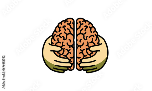 A stylized graphic icon of two hands gently holding and protecting a human brain, symbolizing mental health, wellness, and neurological care.