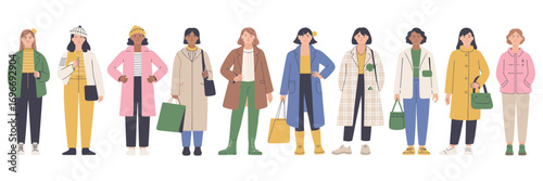Diverse Group of Stylish Women Wearing Trendy Winter Outfits. Hand Drawn Vector Illustration Showcasing Modern Street Style Fashion in a Casual and Colorful Urban Setting.