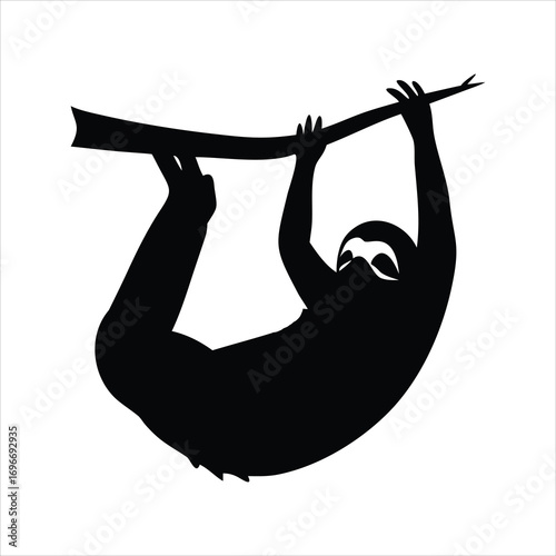Black silhouette of a sloth hanging from a tree branch