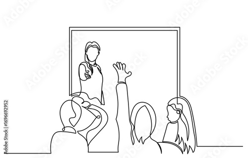 continuous line drawing of a teacher in front of a board engaging with students, one of whom is raising their hand to answer or ask a question.young girl teacher giving a lesson in the class.