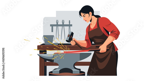 Blacksmith Craftswoman: A skilled woman, with focused energy, hammers a glowing metal on the anvil, sparks flying. This illustration captures the precision and artistry of the blacksmith's craft.