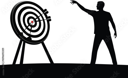 Vector illustration of a dart game showing a silhouette of a man throwing darts at a target board, with multiple darts hitting the bullseye.