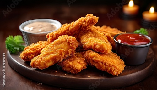 a platter of crispy fried chicken tenders with a crunchy exterior and tender juicy meat inside served with a side of tangy barbecue sauce generative ai