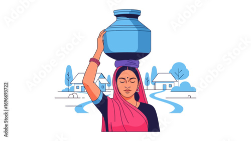 Village Life: A woman in traditional attire gracefully balances a water pot atop her head. set against a minimalist backdrop of quaint village houses, trees, and winding pathways.
