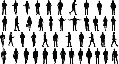 Silhouettes of business and casual people walking, standing, and interacting in various poses with professional and relaxed attitudes.