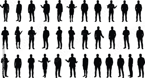 Silhouettes of business professionals in various poses showing communication, discussion, presentation, thinking, agreement, leadership, teamwork, and confidence in office and corporate settings.