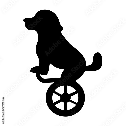 Dog riding unicycle silhouette performative pet fun vector