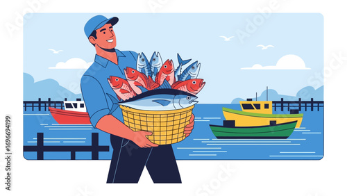 A Fisherman's Bounty: A dedicated fisherman proudly displays his fresh catch, a basket overflowing with glistening fish, against the backdrop of a tranquil sea and harbor scene.
