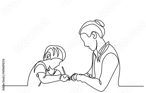 continuous line drawing of a teacher guiding a young child as they write, learning, support, and education.young female teacher giving a lesson in the class.vector illustration.