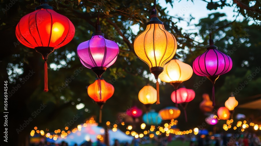 Fototapeta premium Colorful Lanterns Hanging in a Festive Outdoor Setting at Dusk