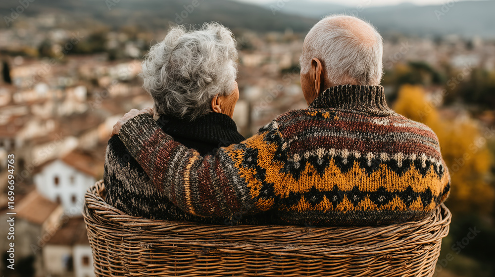 Obraz premium Elderly Couple Embracing Against Scenic Town View in Sweaters