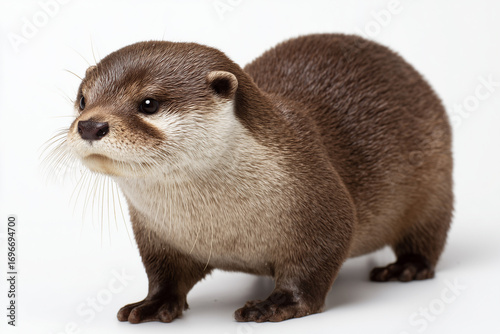Curious otter standing with alert posture and sleek brown fur. A playful wildlife mammal symbolizing nature, riverside habitat, and animal behavior, isolated on white background.
