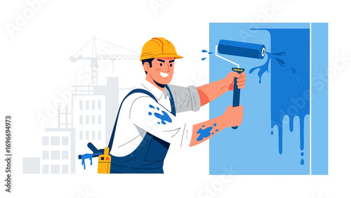 Painting the Canvas of Change: An illustrated rendering of a painter meticulously applying a fresh coat of blue paint, the scene radiates an air of renovation, transformation.