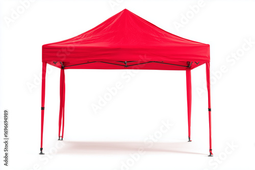 Empty market stall and tent with canopy top and counter stand. A vibrant fair booth structure symbolizing street food, carnival, and festive sales, isolated on white background.
