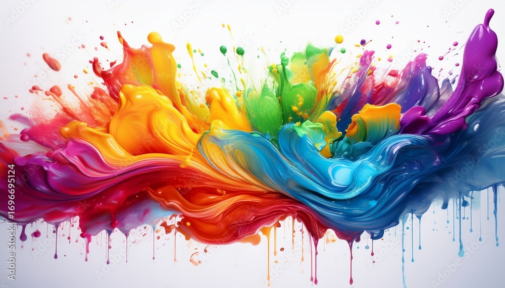 Fototapeta premium acrylic rainbow colors in paint or ink splashing on white background generative ai