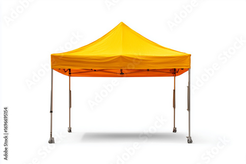 Empty market stall and tent with canopy top and counter stand. A vibrant fair booth structure symbolizing street food, carnival, and festive sales, isolated on white background.
