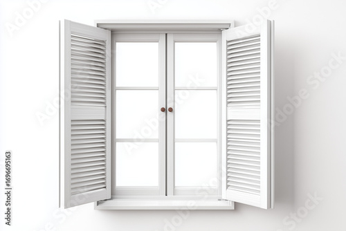 White shuttered window opened outward with clean glass panes and minimal frame. A bright architectural element symbolizing openness, ventilation, and home design, isolated on a white background.
