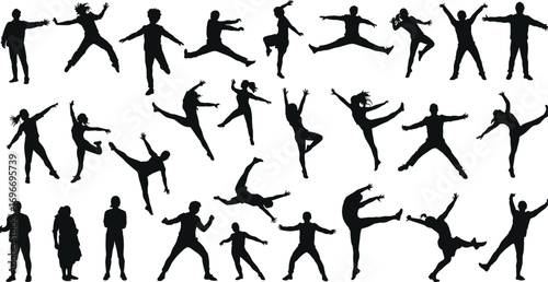 Silhouettes of energetic people dancing, jumping, and moving freely with expressive and lively body language in dynamic poses.