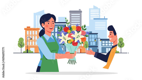 Flower Delivery: A vibrant illustration showcases the heartwarming act of giving flowers, depicting a florist handing a beautiful bouquet to a delighted customer.
