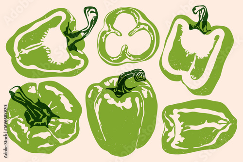 Green bell peppers. Whole and sliced pepper, abstract fresh sweet paprika vegetables, food collection with green stems risograph effect, organic vegetarian products. Vector set