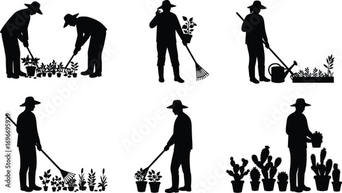 Silhouettes of Gardener Working with Plants, Raking, Watering, and Caring for Potted Flowers and Cacti