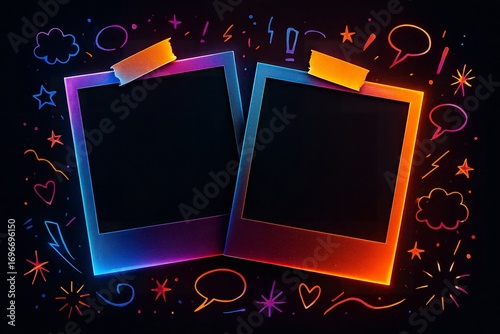 Polaroid Frames with Neon Accents on Black Background