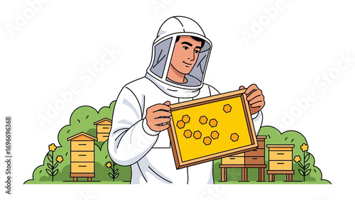 The Beekeeper's Inspection: A detailed illustration showcasing a beekeeper in protective attire, inspecting a honeycomb frame within an apiary.