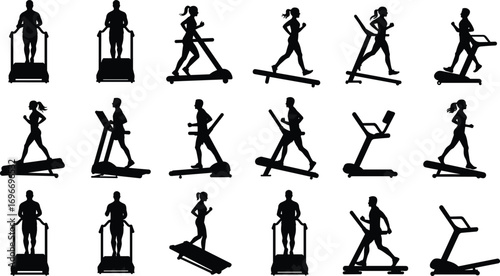 Silhouettes of men and women exercising on treadmills, running, walking, fitness, gym workout, cardio, health, active lifestyle, treadmill training