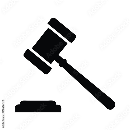 Black silhouette of a judge s gavel and sounding block on a white background