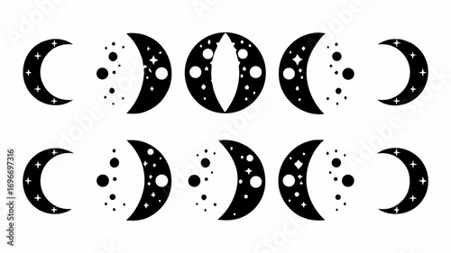 Celestial moon phases with stars and dots create a magical night sky design