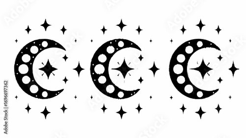 Celestial magic trio moon and star icons evoke wonder and cosmic dreams for mystical designs