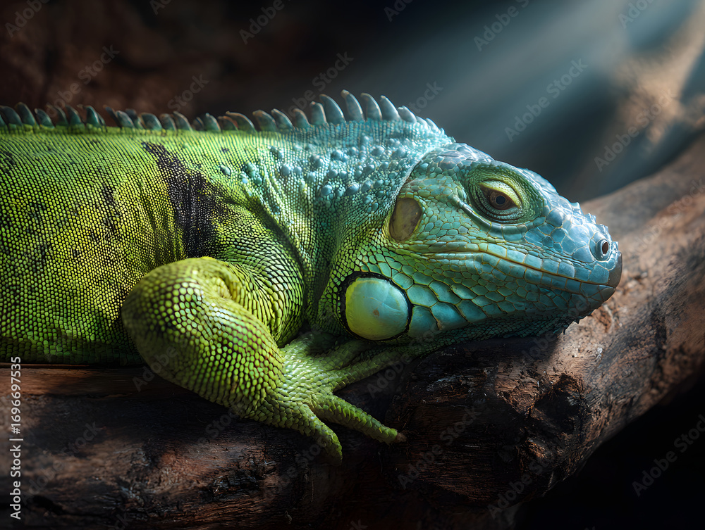 Fototapeta premium Green iguana resting on wooden log under sunlight, vibrant scales and relaxed expression, tropical reptile in naturalistic pet enclosure, detailed texture and vivid color
