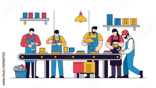 Assembly Line Production: A detailed vector illustration capturing the collaborative effort and synchronized precision of workers assembling products on a factory production line.