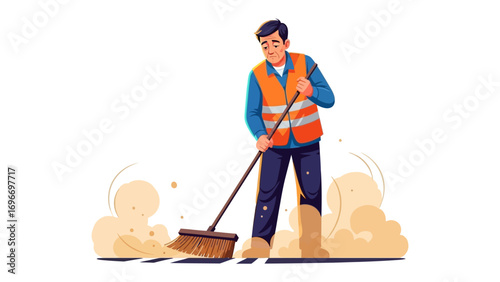 City Care: An illustrated depiction of a dedicated individual meticulously sweeping the street, representing community responsibility, cleanliness, and urban upkeep.