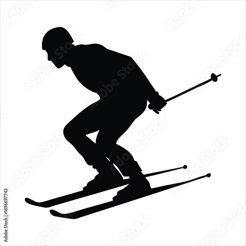 Silhouette of a skier in action with ski poles and skis