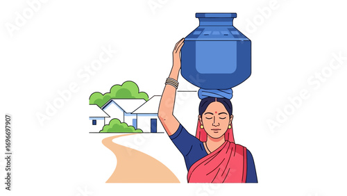  Carrying a Water Pot: A cultural depiction of a woman balancing a water pot on her head, signifying daily life, cultural practices, and the importance of water. 