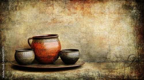 Rustic Clay Pots on Wooden Surface with Earthy Textures and Background