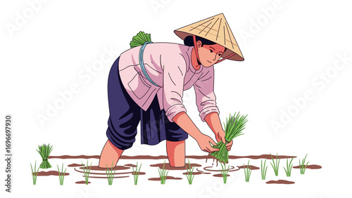 Farming Harvest: A farmer, in traditional attire and hat, diligently tends to rice seedlings. A beautiful image about the cultural heritage of agriculture.