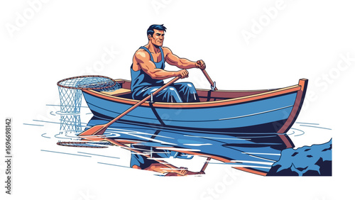 Rowing Adventure: A muscular man navigates a small rowboat on tranquil waters, embarking on a solitary adventure with determination and skill, evoking a sense of freedom and purpose.