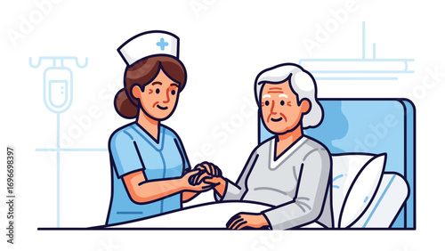 Compassionate Care: A tender moment unfolds as a dedicated nurse offers comfort and support to an elderly patient in a tranquil hospital environment.