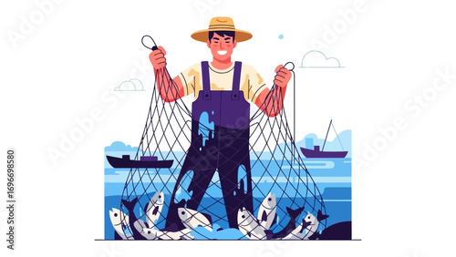Fisherman's Bounty: A vibrant illustration of a fisherman triumphantly displaying his rich catch, the imagery captures a sense of abundance, expertise, and the joy of a successful day at sea.