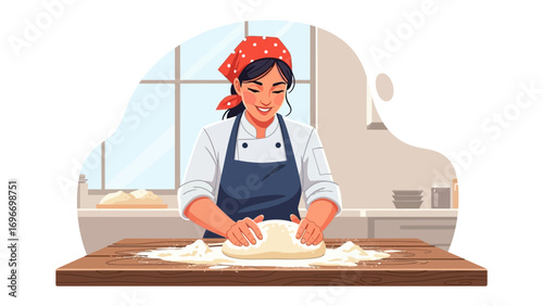 Baking Delight: An illustration captures a woman's skilled hands kneading dough on a wooden table, embodying the joy of homemade bread making. 