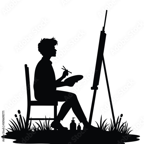 Silhouette of a man painting on an easel with grass