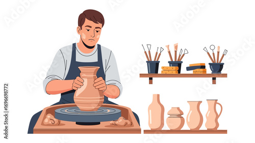 Crafting Clay: An artisan meticulously shapes wet clay on a pottery wheel, embodying the timeless practice of handcrafted artistry. This image showcases the creative process, the tools of the trade.