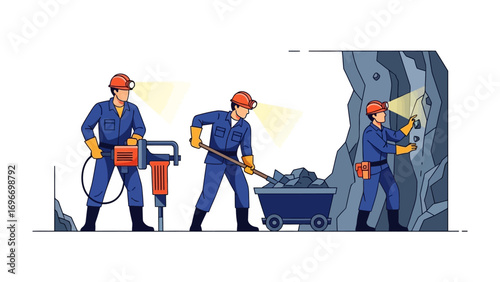 Mining for Gold: A detailed illustration showcasing a team of miners engrossed in their work within a mine, highlighting their efforts and the equipment used for resource extraction and discovery.