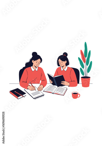 Two students diligently studying together at a table with books and notes
